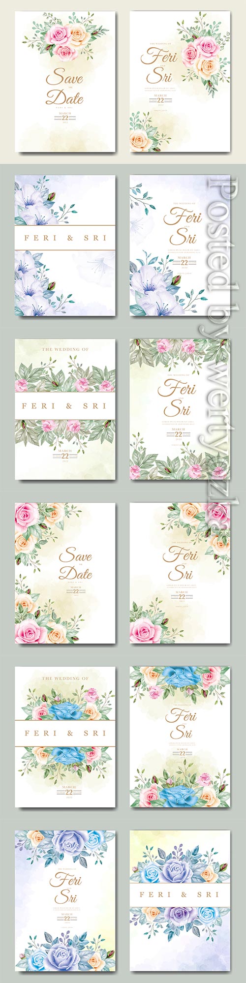 Beautiful wedding invitation vector card with floral watercolor