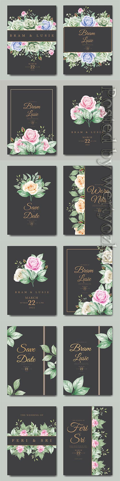Wedding invitation vector beautiful card with floral leaves watercolor