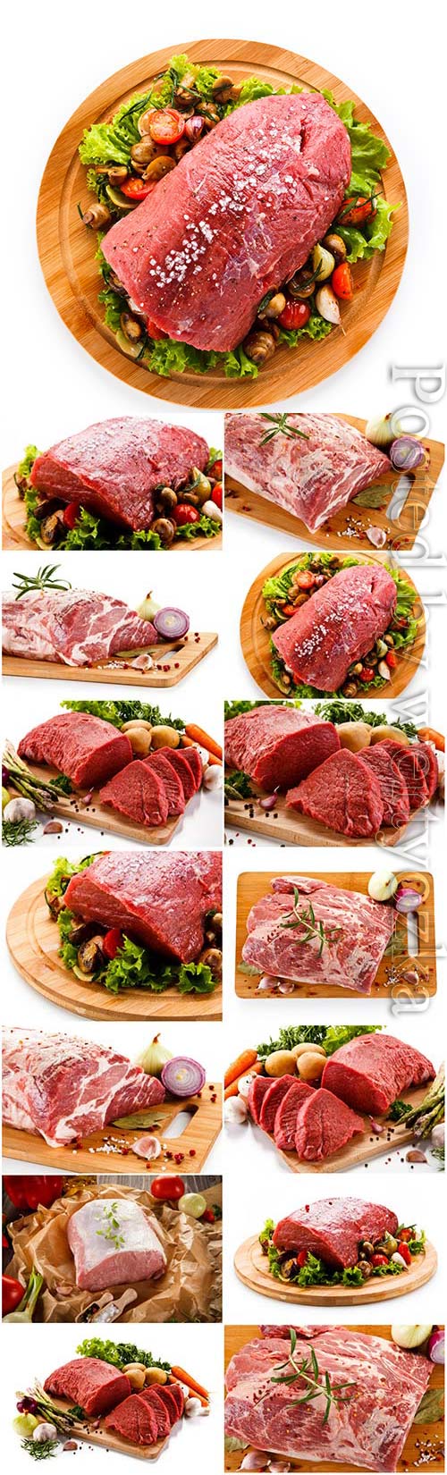 Fresh meat on a round wooden board stock photo