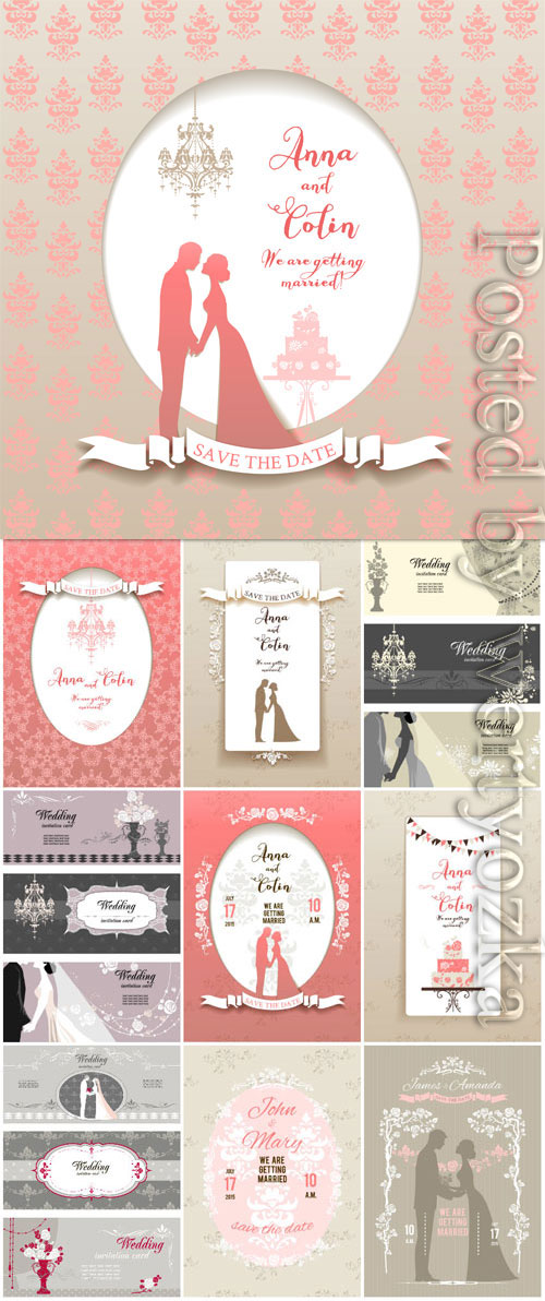 Wedding invitation cards with bride and groom in vector