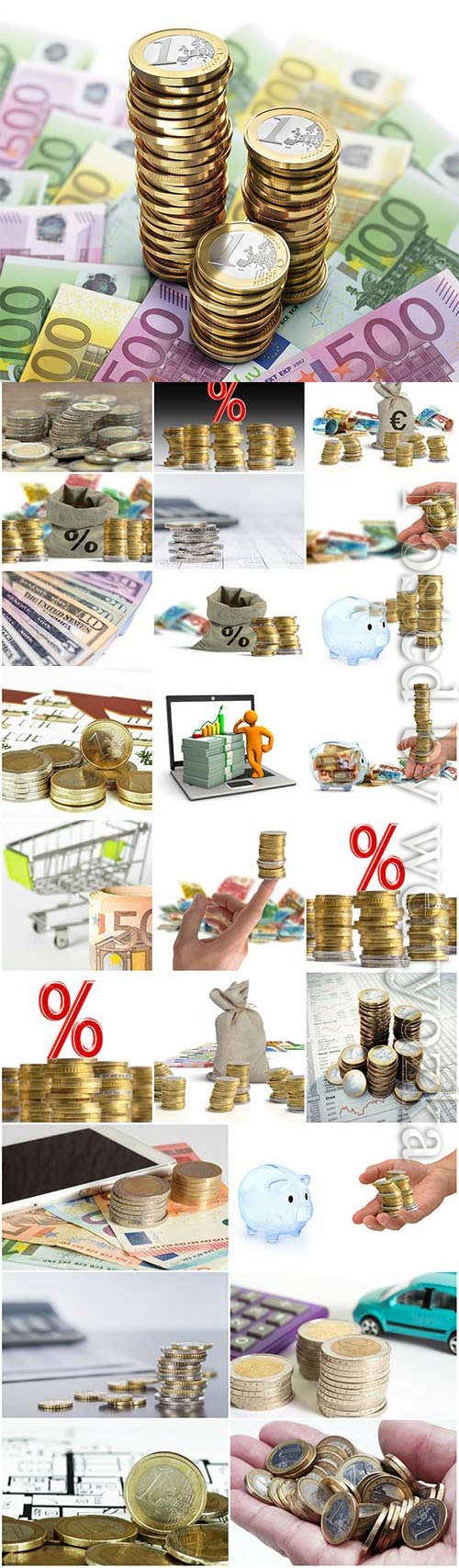 Coins and various banknotes stock photo