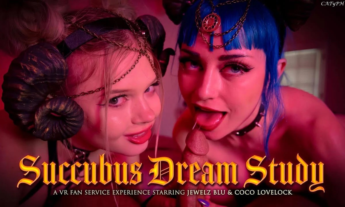 [SexLikeReal.com / VRFanService] Jewelz Blu, Coco Lovelock (Succubus Dream Study) [2021-05-08 г., Blowjob, Closeups, Cosplay, Cowgirl, Cumswapping, Facials, Fishnet, Stockings, POV, 5K, FFM, Threesome, Gloves, 60fps, SideBySide, 2700p] [Oculus Rift / Vive