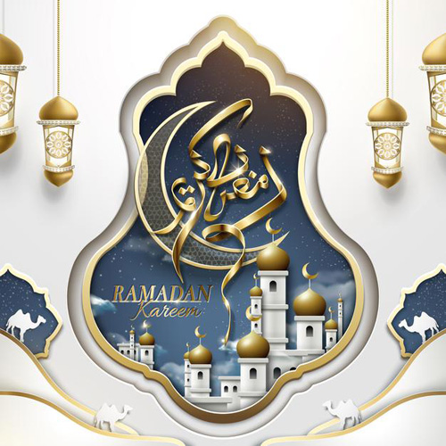 Ramadan kareem poster with vector arabic calligraphy and glossy crescent