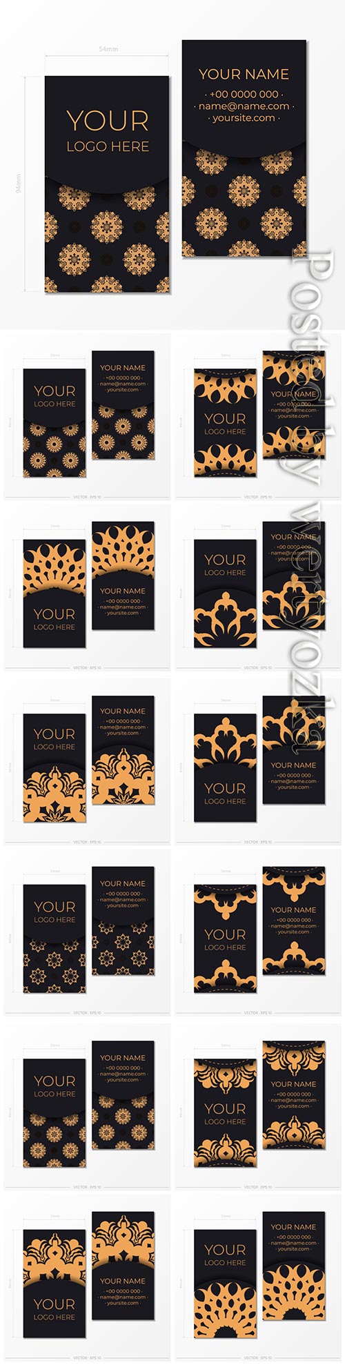 Business cards vector template with decorative oriental floral illustration