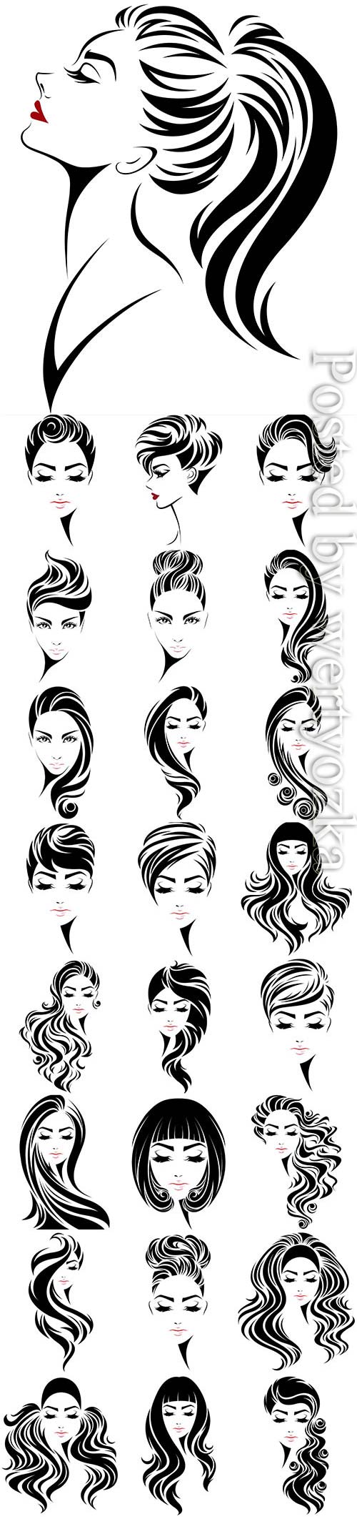 Drawn faces of girls with different hairstyles in vector