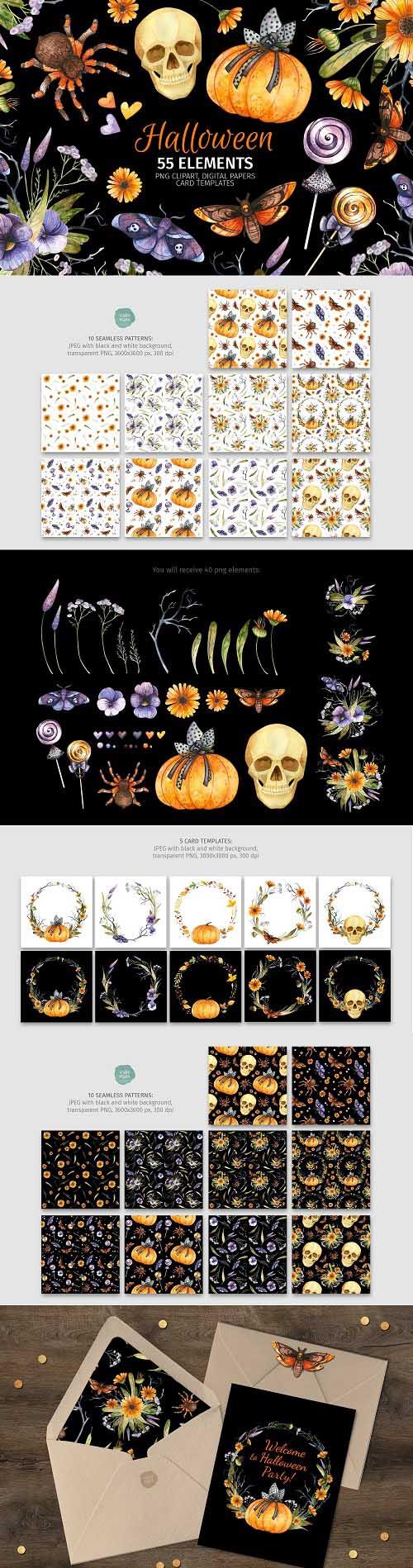 Halloween clipart, seamless patterns and card templates - 1481763